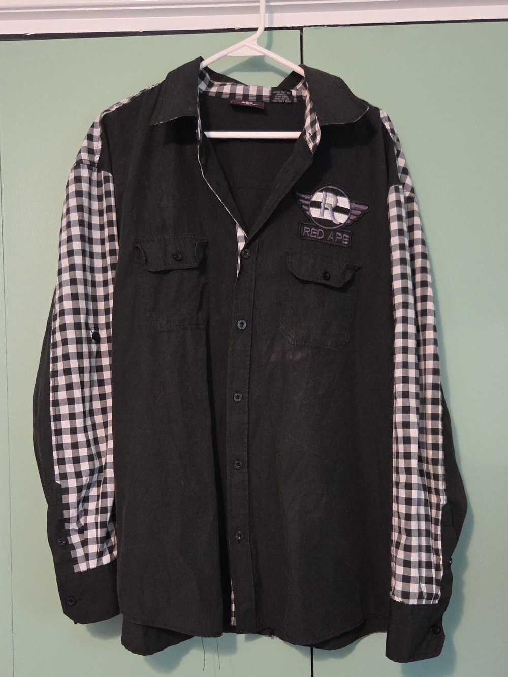 Red Ape Black Button-Up Shirt Jacket with Gingham Sleeves Size 2xl